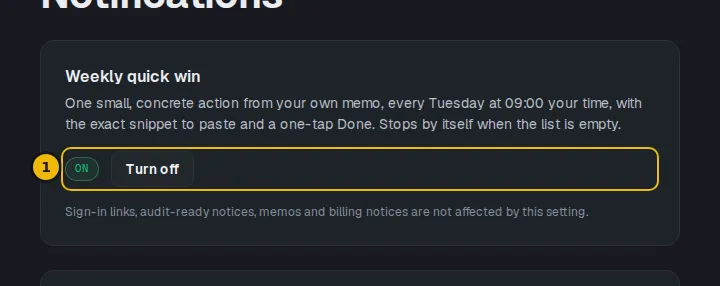 The Notifications page with the weekly quick win switch marked