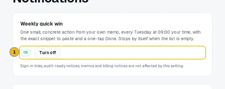 The Notifications page with the weekly quick win switch marked