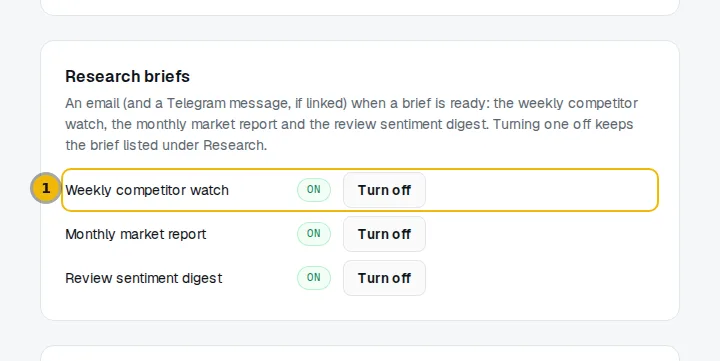 The Research briefs card with an on or off switch for each kind of brief
