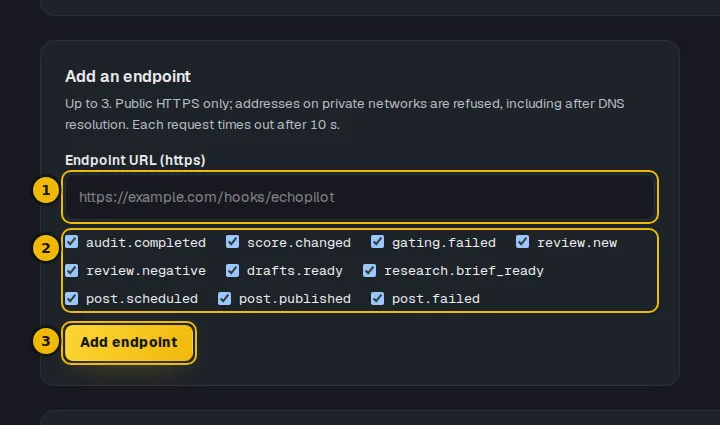 The Add an endpoint form with the address field, the event boxes and the Add endpoint button marked