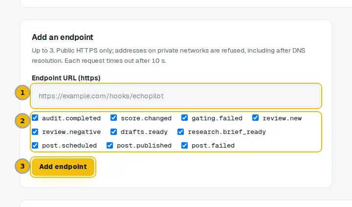 The Add an endpoint form with the address field, the event boxes and the Add endpoint button marked