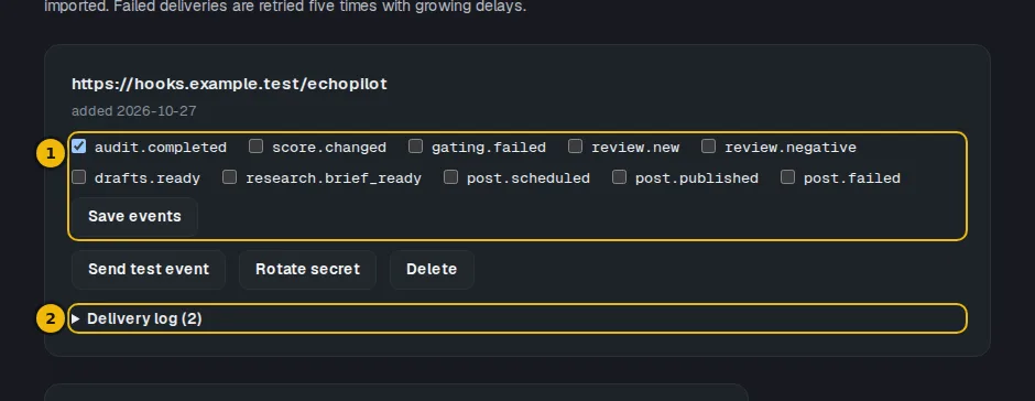 A saved webhook address with its events, its buttons and its delivery log