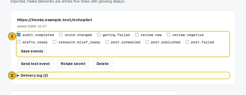 A saved webhook address with its events, its buttons and its delivery log