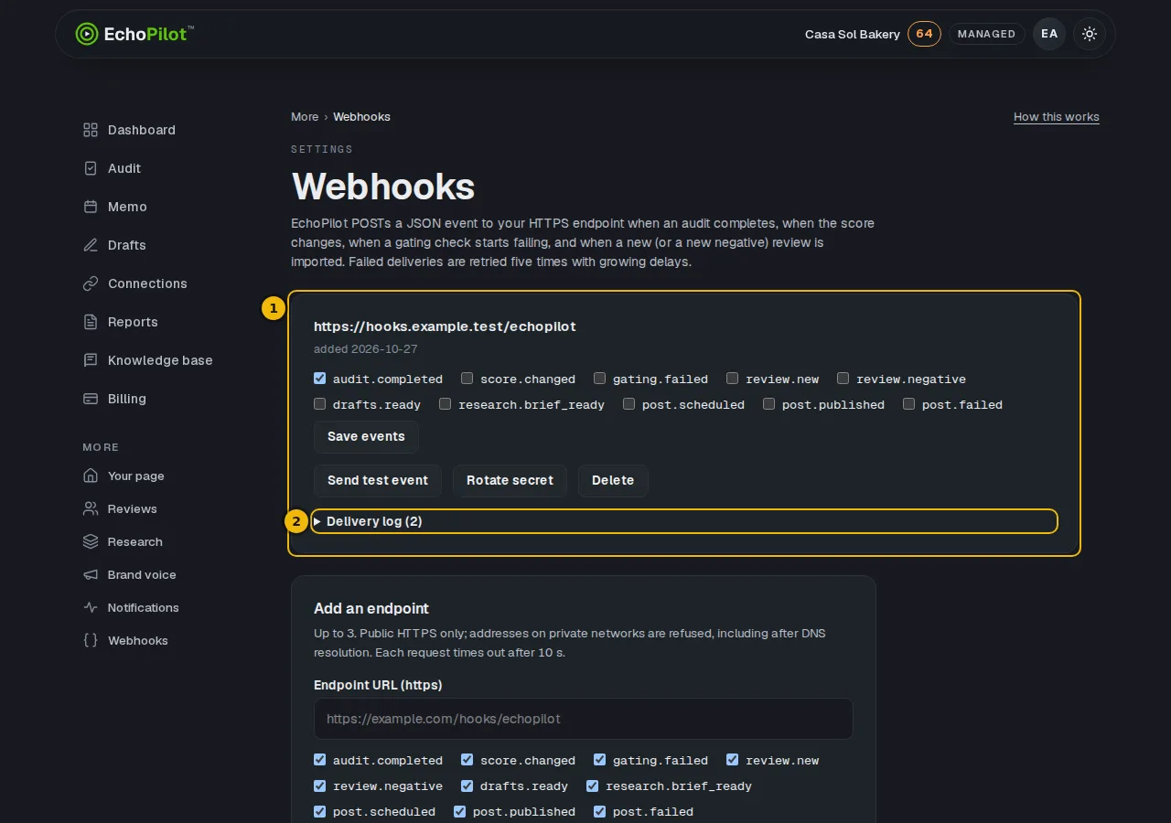 The Webhooks page with a saved address and its delivery log