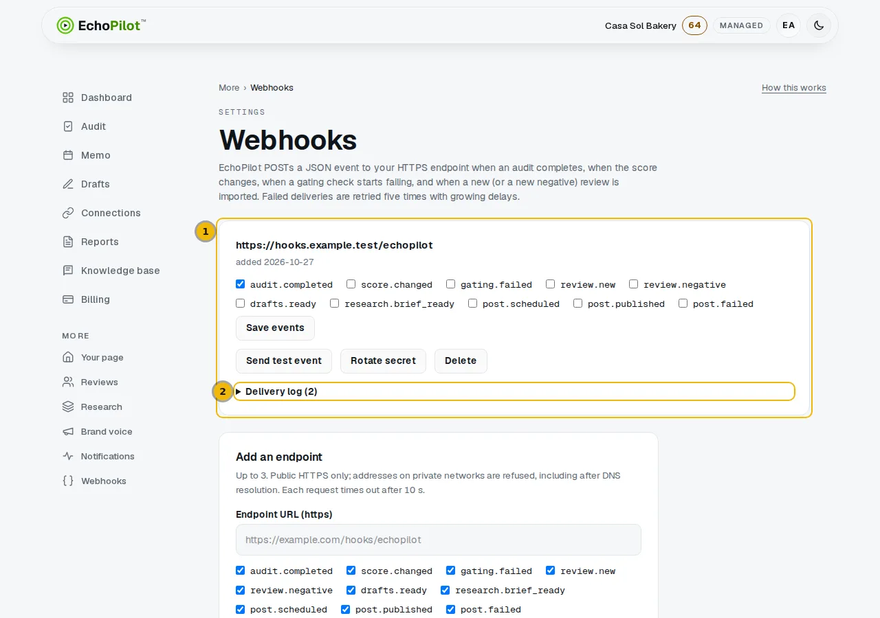 The Webhooks page with a saved address and its delivery log