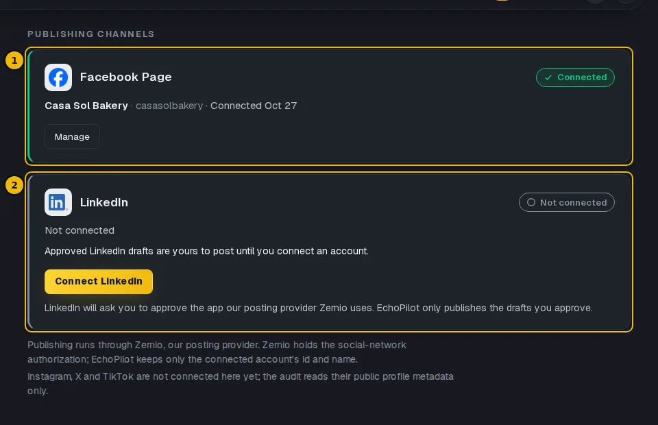 The Publishing channels section with the Facebook Page and LinkedIn cards