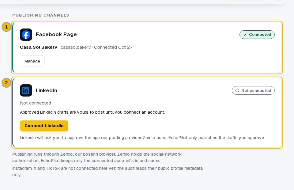 The Publishing channels section with the Facebook Page and LinkedIn cards