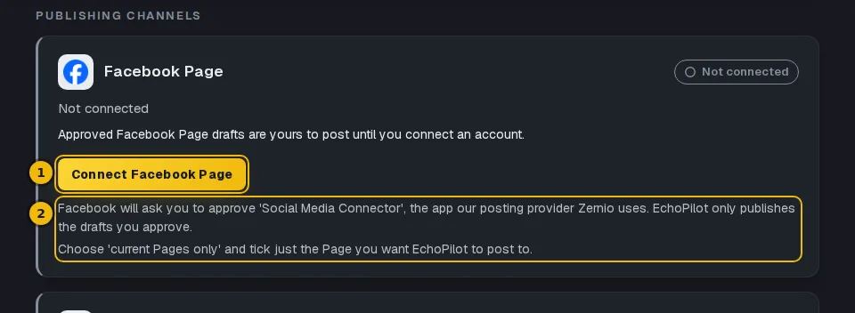 The Facebook Page card with its Connect button and the note about what Facebook will ask