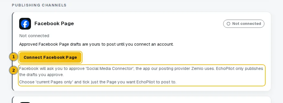 The Facebook Page card with its Connect button and the note about what Facebook will ask