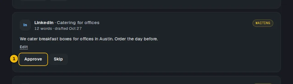 A Facebook draft card on the Drafts page with its Approve button