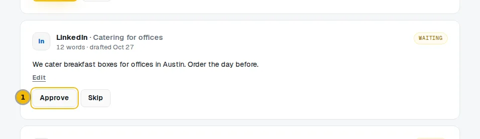 A Facebook draft card on the Drafts page with its Approve button