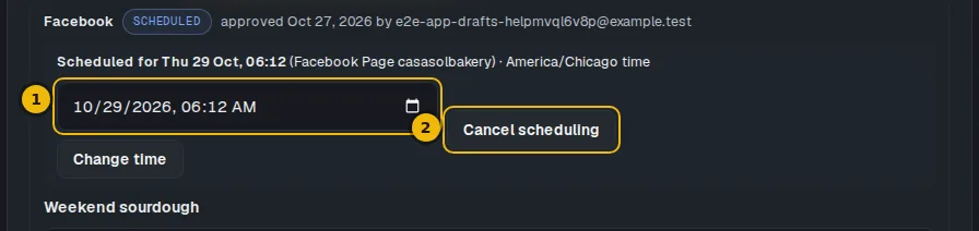 A scheduled post showing its date and time, the time picker, and the Change time and Cancel scheduling buttons