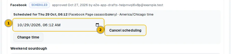 A scheduled post showing its date and time, the time picker, and the Change time and Cancel scheduling buttons