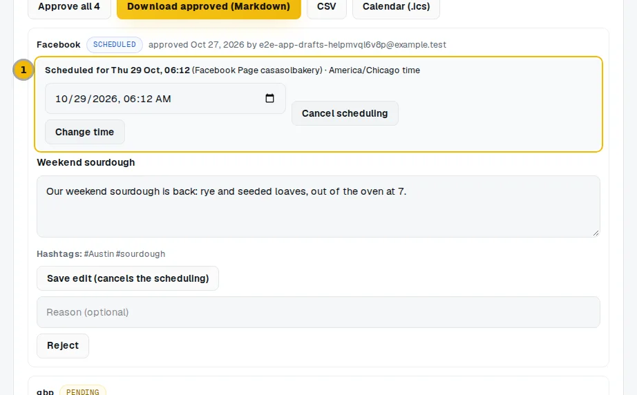 A Facebook draft on Social drafts with its posting status line
