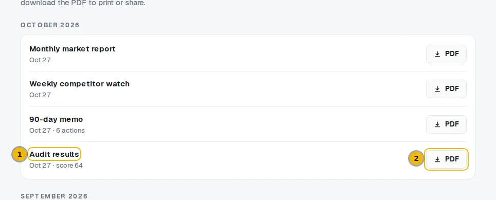 Reports page listing audit results and a 90-day memo under one month, each with a PDF button