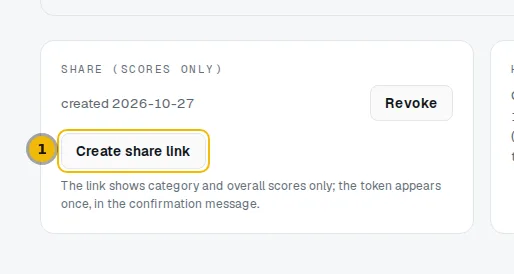 Share card on an audit page with the Create share link button and the note about scores only