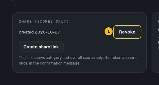 Share card listing one share link with its creation date and a Revoke button