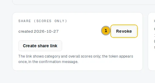 Share card listing one share link with its creation date and a Revoke button
