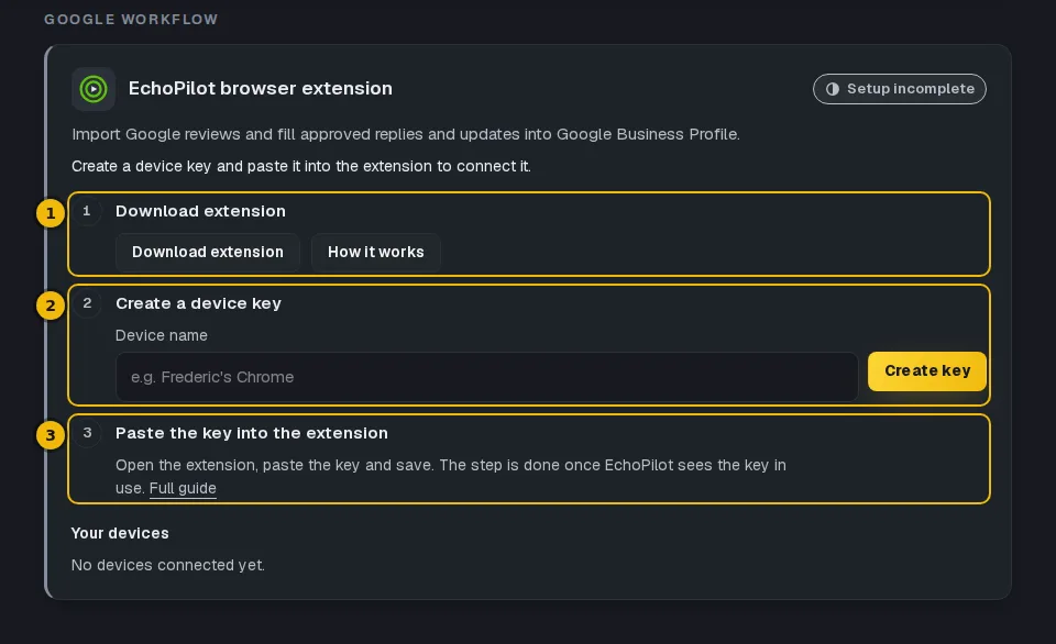 The browser extension card with its three setup steps: download, create a key, paste the key