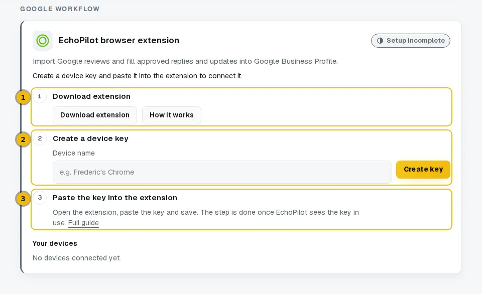 The browser extension card with its three setup steps: download, create a key, paste the key