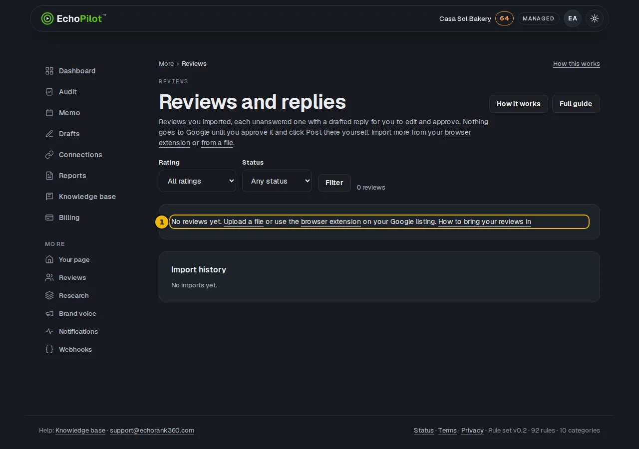 The Reviews page before any reviews are in, with links to the extension and to a file upload
