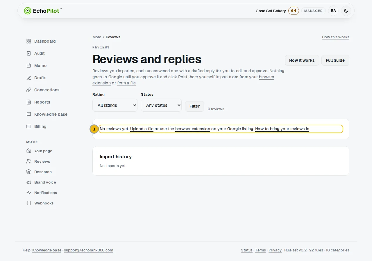 The Reviews page before any reviews are in, with links to the extension and to a file upload