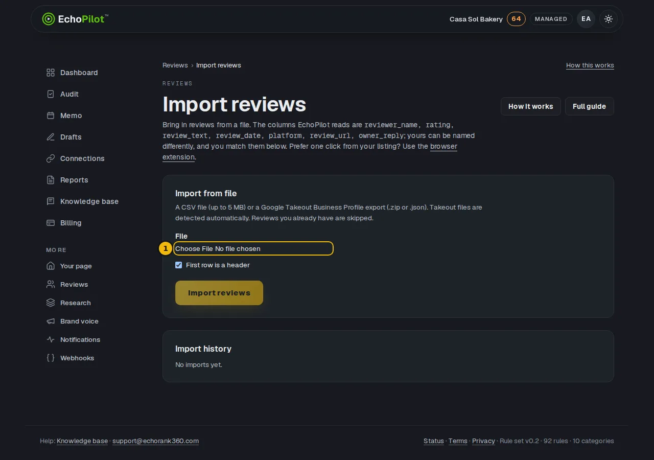 The Import reviews page with the file picker and the header checkbox