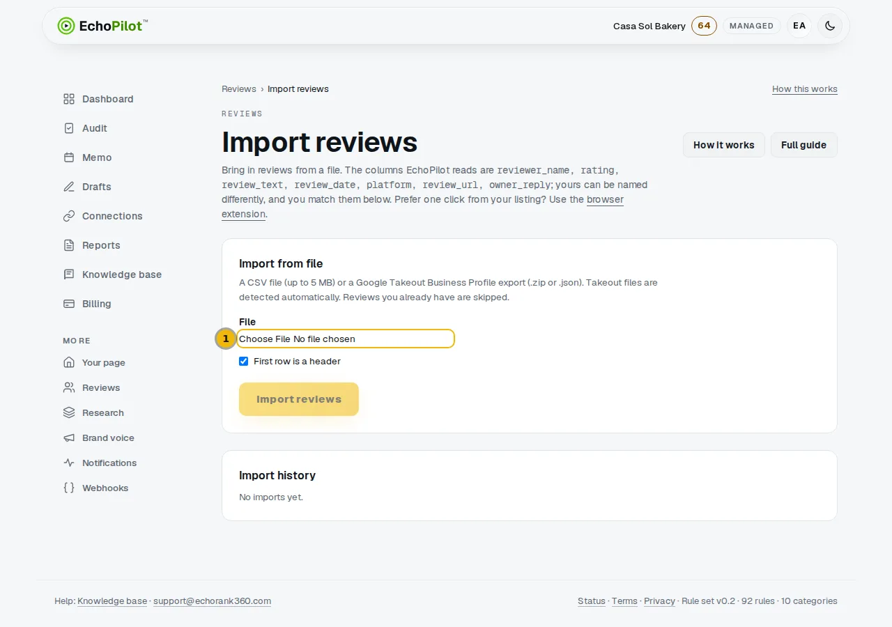 The Import reviews page with the file picker and the header checkbox