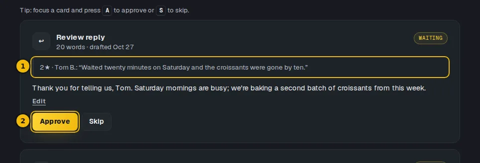A review reply card on Drafts, with the customer's review above the reply and the Approve button