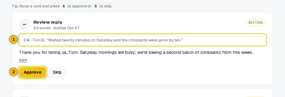A review reply card on Drafts, with the customer's review above the reply and the Approve button