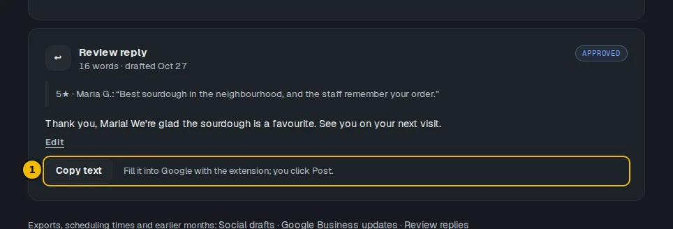 An approved reply card that says to fill it into Google with the extension and click Post