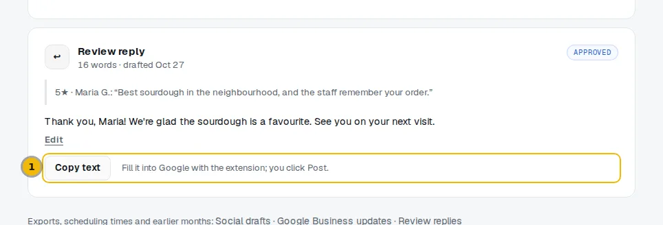 An approved reply card that says to fill it into Google with the extension and click Post