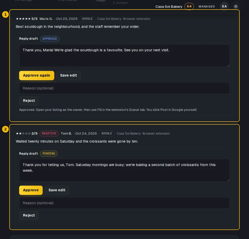 The Reviews page with a list of reviews, one marked Negative, each with its reply