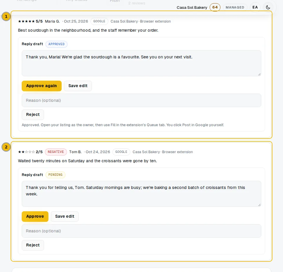 The Reviews page with a list of reviews, one marked Negative, each with its reply