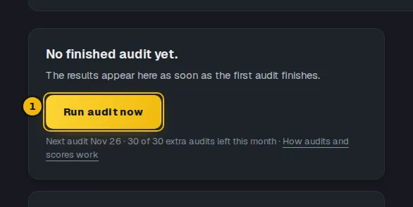 Dashboard top card before the first audit, with the Run audit now button marked
