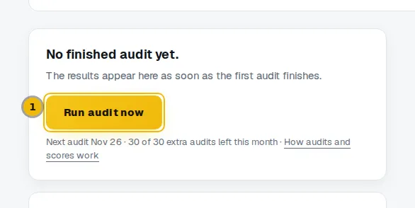 Dashboard top card before the first audit, with the Run audit now button marked