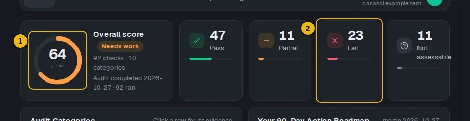 Finished audit page with the overall score ring and the pass, partial and fail counts