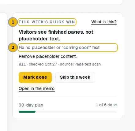 Dashboard card called This week's quick win, with its title and the step marked