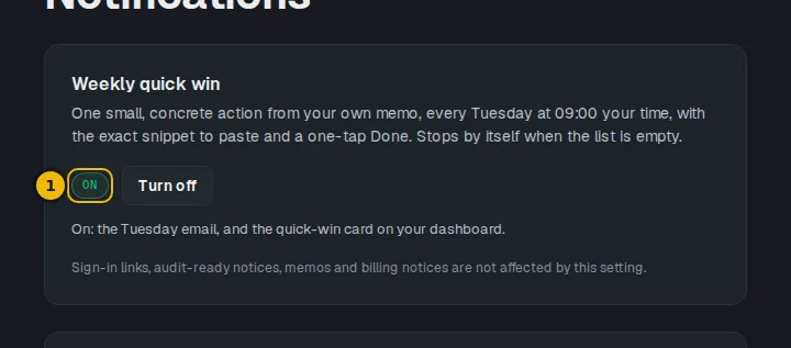 Weekly quick win setting on the Notifications page, showing it is on