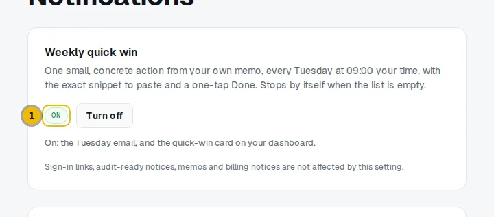 Weekly quick win setting on the Notifications page, showing it is on
