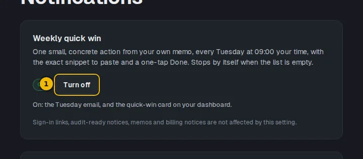 Weekly quick win setting on the Notifications page with the Turn off button marked
