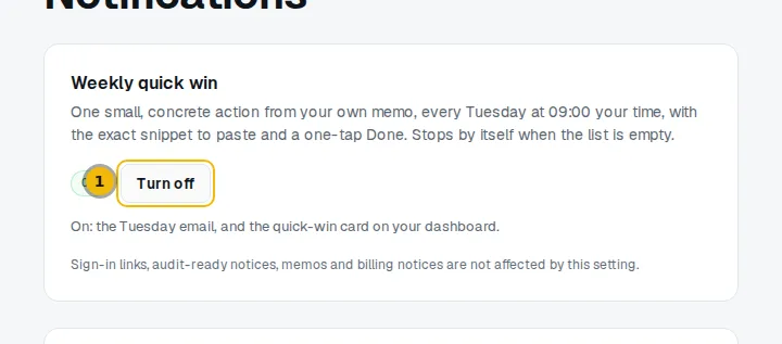 Weekly quick win setting on the Notifications page with the Turn off button marked